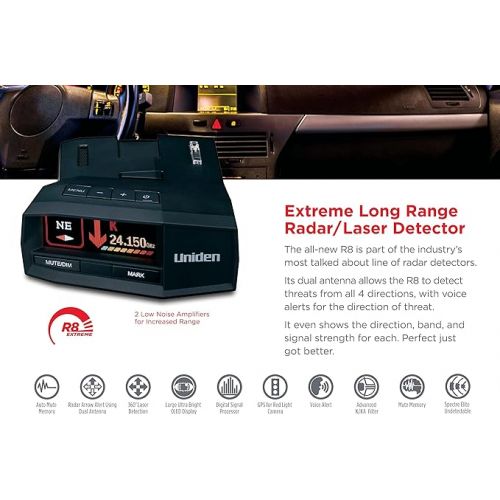  UNIDEN R8 Extreme Long-Range Radar/Laser Detector, Dual-Antennas Front & Rear Detection w/Directional Arrows, Built-in GPS w/Real-Time Alerts, Voice Alerts, Red Light Camera and Speed Camera Alerts