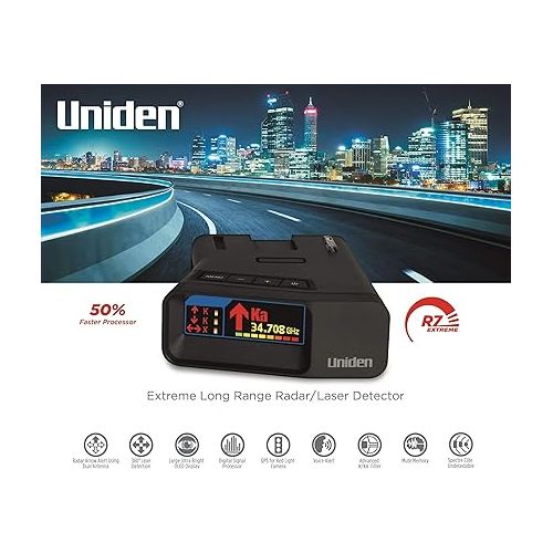  Uniden R7 Xtreme Long Range Laser/Radar Detector, Built-in GPS with Auto Learn Mode, Dual-Antennas Front & Rear w/Directional Arrows, Voice Alerts, Red Light Camera, Speed Camera Alert, (Renewed)