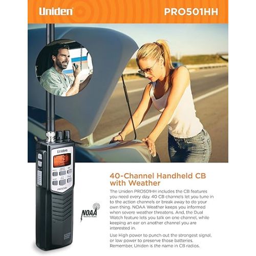  Uniden PRO501HH Pro-Series 40-Channel Portable Handheld CB Radio/Emergency/Travel Radio, Large LCD Display, High/Low Power Saver, 4-Watts, Auto Noise Limiter, NOAA Weather, and Earphone Jack