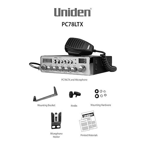  Uniden PC78LTX 40-Channel Trucker's CB Radio with Integrated SWR Meter, PA Function, Hi Cut, Mic/RF Gain, and Instant Channel 9,Silver