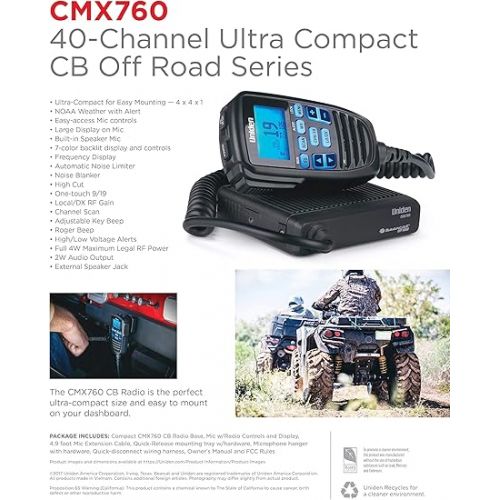  Uniden CMX760 Bearcat Off Road Series Compact Mobile CB Radio, 40-Channel Operation, Ultra-Compact for Easy Mounting, Large 7-Color Backlit LCD Display on Mic with Built-in Speaker Mic, Black
