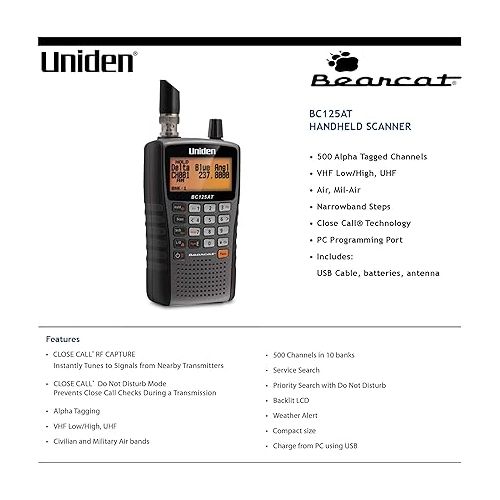  Uniden Bearcat BC125AT Handheld Scanner, 500-Alpha-Tagged Channels, Close Call Technology, PC Programable, Aviation, Marine, Railroad, NASCAR, Racing, and Non-Digital Police/Fire/Public Safety.