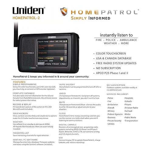  Uniden HomePatrol-2 Color Touchscreen Scanner with TrunkTracker V/S/A/M/E, APCO P25, Emergency Alerts - Covers USA and Canada