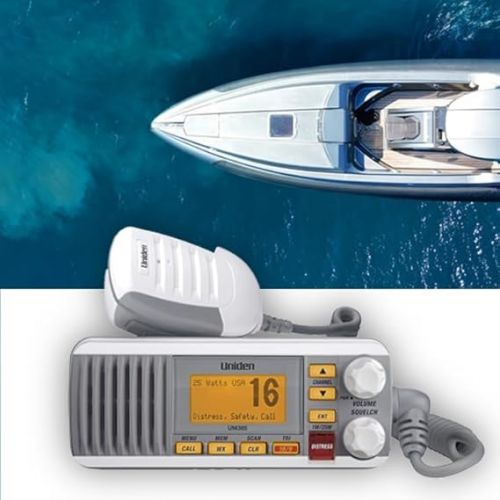  Uniden UM385 25 Watt Fixed Mount Marine Vhf Radio, Waterproof IPX4 with Triple Watch, Dsc, Emergency/Noaa Weather Alert, All Usa/International/Canadian Marine Channels, Memory Channel Scan, White