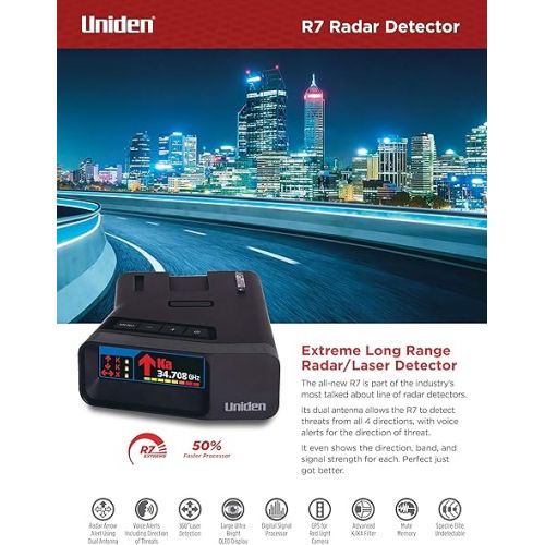  Uniden R7 EXTREME LONG RANGE Laser/Radar Detector, Built-in GPS, Real-Time Alerts, Dual-Antennas Front & Rear w/Directional Arrows, Voice Alerts, Red Light and Speed Camera Alerts