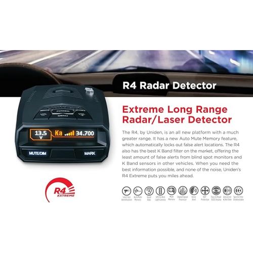  UNIDEN R4 Extreme Long-Range Laser/Radar Detector, Record Shattering Performance, Built-in GPS w/AUTO Mute Memory, Voice Alerts, Red Light & Speed Camera Alerts, Multi-Color OLED Display