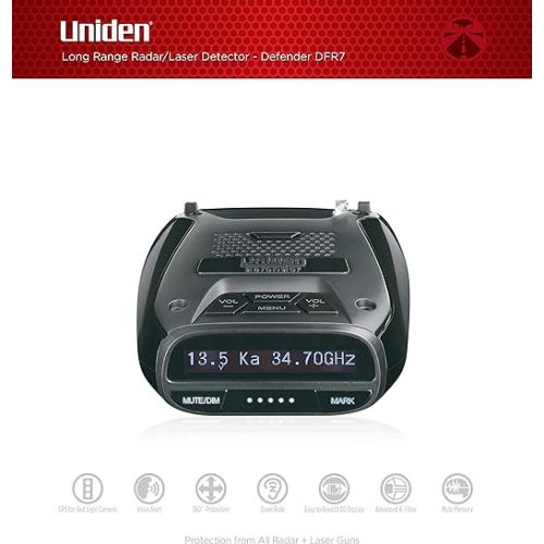  Uniden DFR7 Super Long Range Wide Band Laser/Radar Detector, Built-in GPS w/Mute Memory, Voice Alerts, Red Light & Speed Camera Alerts, OLED Display, Black
