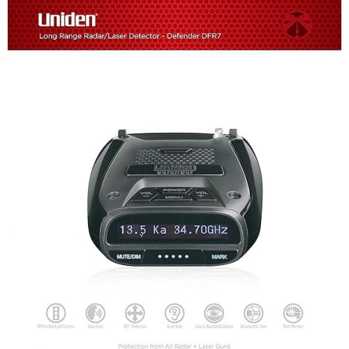  Uniden DFR7 Super Long Range Wide Band Laser/Radar Detector, Built-in GPS w/Mute Memory, Voice Alerts, Red Light & Speed Camera Alerts, OLED Display, Black