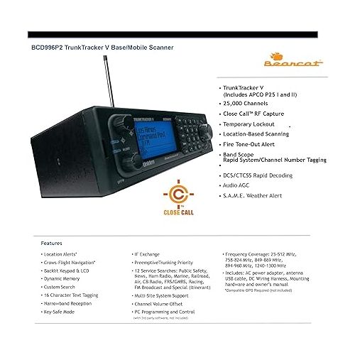  Uniden BCD996P2 Digital Mobile TrunkTracker V Scanner, 25,000 Dynamically Allocated Channels, Close Call RF Capture Technology, 4-Line Alpha display, Base/Mobile Design, Phase 2