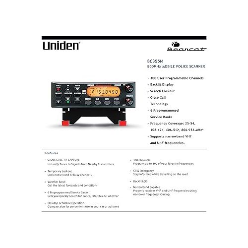  Uniden BC355N 300-Channel Base/Mobile Scanner, Close Call Capture, Pre-programmed Search “Action” Bands to Hear Non-Digital Police, Ambulance, Fire, Amateur Radio, Public Utilities, Weather & more