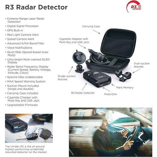  Uniden R3 EXTREME LONG RANGE Laser/Radar Detector, Record Shattering Performance, Built-in GPS w/ Mute Memory, Voice Alerts, Red Light & Speed Camera Alerts, Multi-Color OLED Display , Black