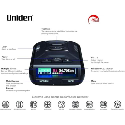  Uniden R3 EXTREME LONG RANGE Laser/Radar Detector, Record Shattering Performance, Built-in GPS w/ Mute Memory, Voice Alerts, Red Light & Speed Camera Alerts, Multi-Color OLED Display , Black