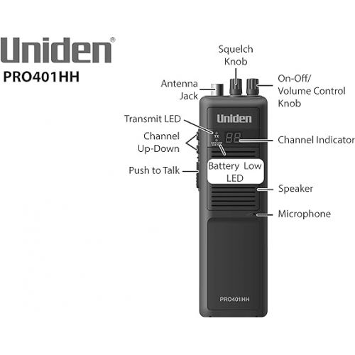  Uniden PRO401HH Professional Series 40 Channel Handheld CB Radio, 4 Watts Power with Hi/Low Power Switch, Auto noise cancellation, Belt Clip And Strap Included, 2.75in. x 4.33in. x 8.66in.