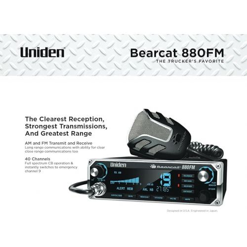  Uniden Bearcat 880FM CB Radio, 40 Channels with Dual-Mode AM/FM, Large Easy-to-Read Backlit 7-Color LCD Display, Backlit Knobs/Buttons, NOAA Weather Alert, PA/CB Switch, and Wireless Mic Compatible