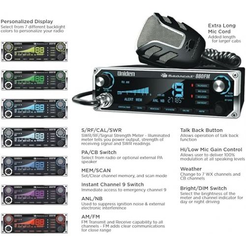  Uniden Bearcat 880FM CB Radio, 40 Channels with Dual-Mode AM/FM, Large Easy-to-Read Backlit 7-Color LCD Display, Backlit Knobs/Buttons, NOAA Weather Alert, PA/CB Switch, and Wireless Mic Compatible