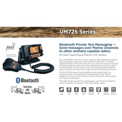  Uniden UM725GBT Marine VHF Radio, All USA, Canada, and Intl. Marine Channels, 1Watt/25Watt Transmit Power, Largest LCD Screen in Class, NOAA Weather Channels, Speaker Mic, GPS Built-in, and Bluetooth