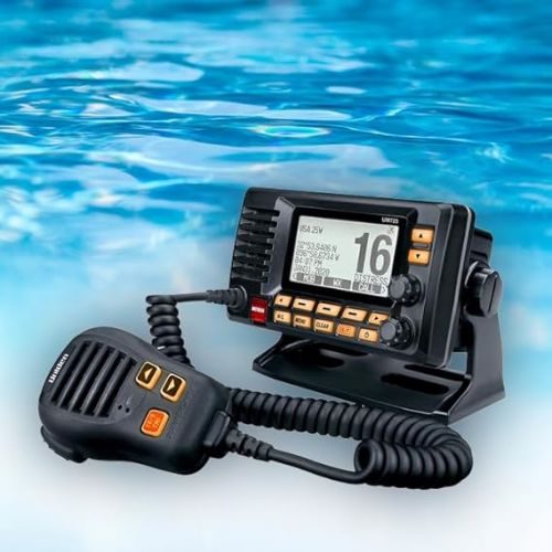  Uniden UM725BK Marine VHF Radio, All USA, Canada, and Int'l. Marine Channels, 1Watt/25Watt Transmit Power, Largest LCD Screen in Class, NOAA Weather Channels w/Alerts, Speaker Mic, IPX8 Waterproof.