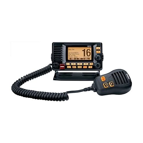  Uniden UM725BK Marine VHF Radio, All USA, Canada, and Int'l. Marine Channels, 1Watt/25Watt Transmit Power, Largest LCD Screen in Class, NOAA Weather Channels w/Alerts, Speaker Mic, IPX8 Waterproof.