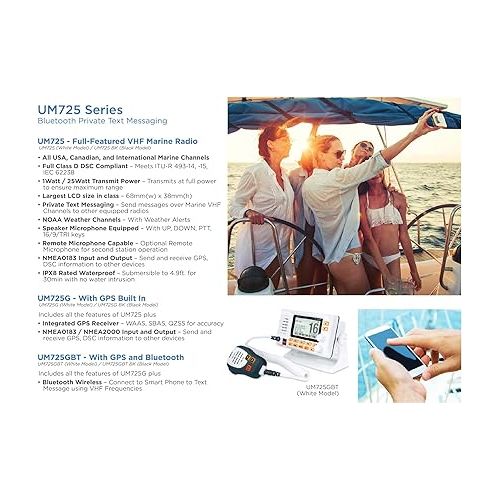  Uniden UM725BK Marine VHF Radio, All USA, Canada, and Int'l. Marine Channels, 1Watt/25Watt Transmit Power, Largest LCD Screen in Class, NOAA Weather Channels w/Alerts, Speaker Mic, IPX8 Waterproof.