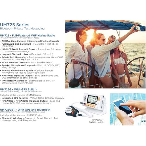  Uniden UM725BK Marine VHF Radio, All USA, Canada, and Int'l. Marine Channels, 1Watt/25Watt Transmit Power, Largest LCD Screen in Class, NOAA Weather Channels w/Alerts, Speaker Mic, IPX8 Waterproof.