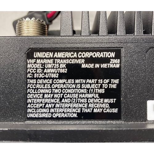  Uniden UM725BK Marine VHF Radio, All USA, Canada, and Int'l. Marine Channels, 1Watt/25Watt Transmit Power, Largest LCD Screen in Class, NOAA Weather Channels w/Alerts, Speaker Mic, IPX8 Waterproof.