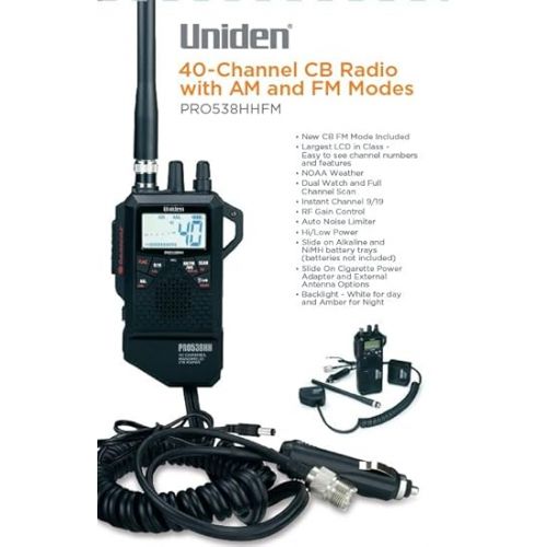  Uniden PRO538HHFM, “2 in 1” Dual Handheld/Mobile Emergency CB Radio with New FM Mode, Full 40 Channels, NOAA Weather Alerts, and Selectable 4-Watts HI/1-Watt Low Output Power.