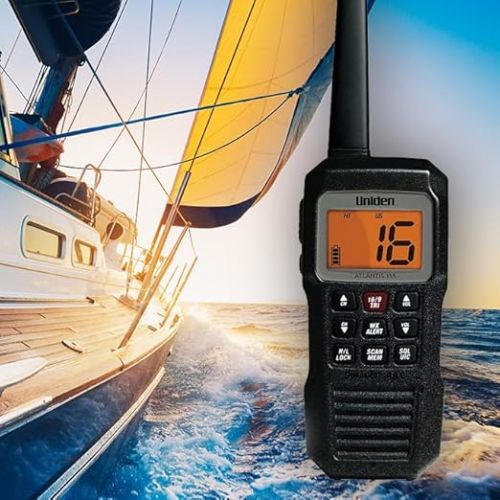  Uniden Atlantis 155 Handheld Two-Way VHF Marine Radio, Floating IPX8 Submersible Waterproof, Dual-Color Screen, All USA/International/Canadian Marine Channels, NOAA Weather Alert, 10 Hour Battery