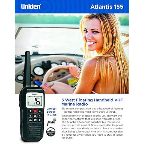  Uniden Atlantis 155 Handheld Two-Way VHF Marine Radio, Floating IPX8 Submersible Waterproof, Dual-Color Screen, All USA/International/Canadian Marine Channels, NOAA Weather Alert, 10 Hour Battery