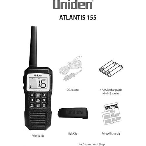 Uniden Atlantis 155 Handheld Two-Way VHF Marine Radio, Floating IPX8 Submersible Waterproof, Dual-Color Screen, All USA/International/Canadian Marine Channels, NOAA Weather Alert, 10 Hour Battery