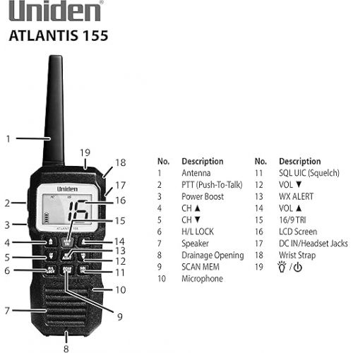  Uniden Atlantis 155 Handheld Two-Way VHF Marine Radio, Floating IPX8 Submersible Waterproof, Dual-Color Screen, All USA/International/Canadian Marine Channels, NOAA Weather Alert, 10 Hour Battery