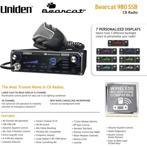  [아마존 핫딜] [아마존핫딜]Uniden BEARCAT 980SSB 40- Channel SSB CB Radio with Sideband NOAA WeatherBand,7- Color Digital Display PA/CB Switch and Noise Cancelling Mic, Wireless Mic Compatible