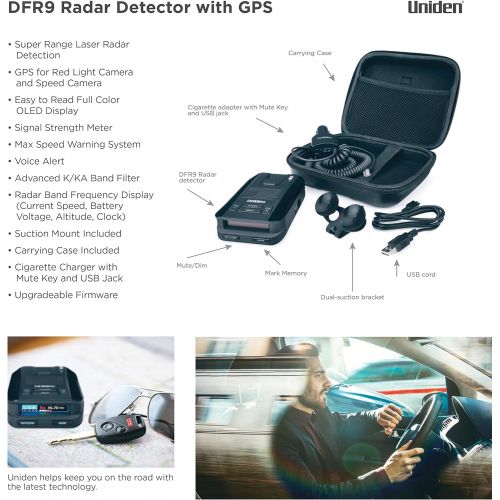  [아마존베스트]Uniden DFR9 Super Long Range Laser and Radar Detection, Built-In GPS for Red Light Cameras and Speed Camera Alerts, Easy to Read Full Color OLED Display