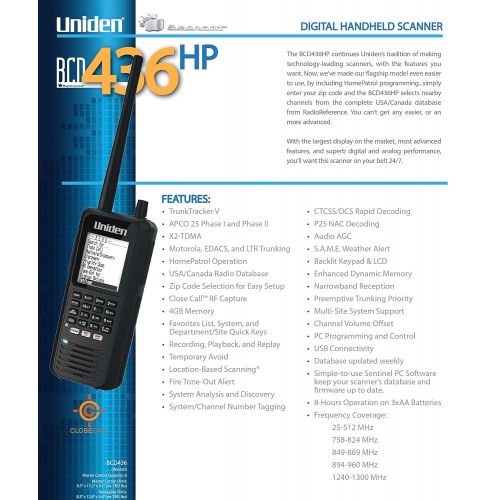  Uniden BCD436HP HomePatrol Series Digital Handheld Scanner. TrunkTracker V, Simple Programming, S.A.M.E. Emergency/Weather Alert, Covers USA and Canada