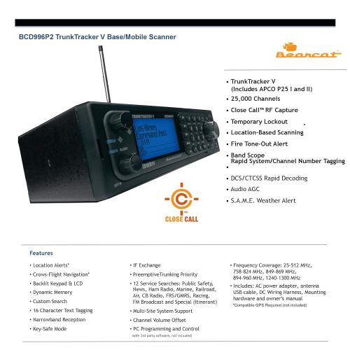  Uniden BCD996P2 Digital Mobile TrunkTracker V Scanner, 25,000 Dynamically Allocated Channels, Close Call RF Capture Technology, 4-Line Alpha display, Base/Mobile Design, Phase 2, L