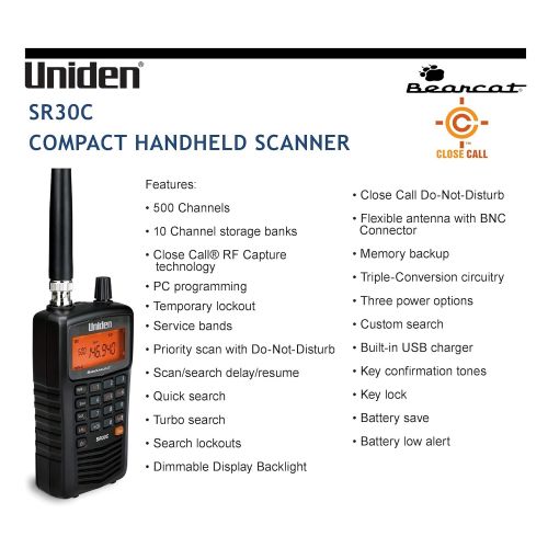  Uniden SR30C Bearcat, 500-Channel Compact Handheld Scanner, Close Call RF Capture Technology, Turbo Search, PC Programming, NASCAR, Auto Racing, Public Safety, Police, Fire, EMS, M