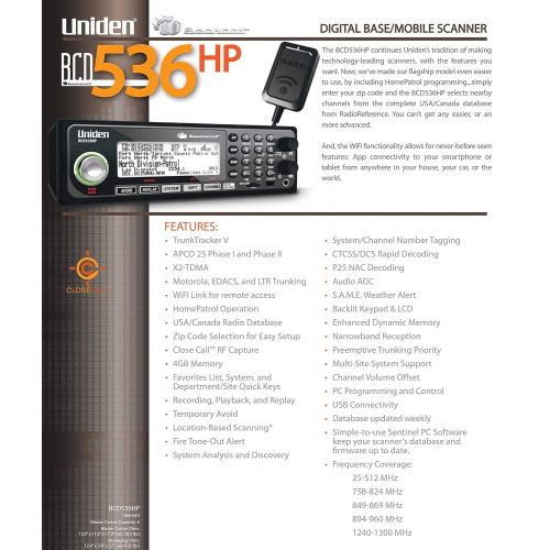  Uniden BCD536HP HomePatrol Series Digital Phase 2 Base/Mobile Scanner with HPDB and Wi-Fi. Simple Programming, TrunkTracker V, S.A.M.E. Emergency/Weather Alert. Covers USA and Cana