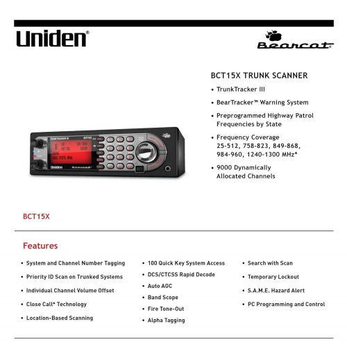 Uniden BearTracker Scanner (BCT15X) with 9,000 Channels, TrunkTracker III Technology, Base/Mobile Design, Close Call RF Capture Technology with Location-Based Scanning, - Black Col