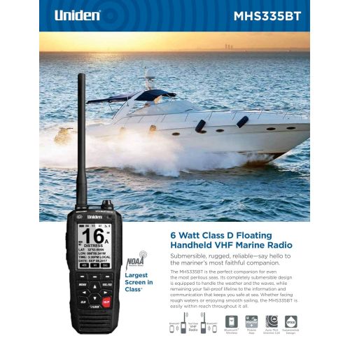  Uniden MHS335BT 6W Class D Floating Handheld VHF Marine Radio with Bluetooth, Text Message Directly to Other VHF Text Message Capable Radios, IPX8 Submersible Design