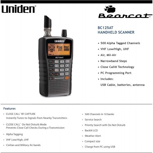  [아마존베스트]Uniden Bearcat BC125AT Handheld Scanner. 500 Alpha-Tagged channels. Public Safety, Police, Fire, Emergency, Marine, Military Aircraft, and Auto Racing Scanner. Lightweight, Portabl