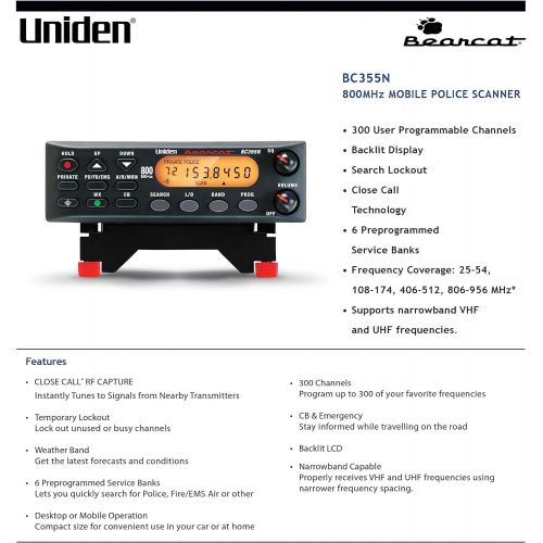  [아마존베스트]Uniden BC355N 800 MHz 300-Channel Base/Mobile Scanner, Close Call RF Capture, Pre-programmed Search “Action” Bands to Hear Police, Ambulance, Fire, Amateur Radio, Public Utilities,