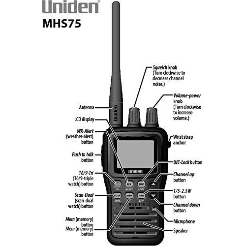  [아마존베스트]Uniden MHS75 Waterproof Handheld 2-Way VHF Marine radio, Submersible, Selectable 1/2.5/5 Watt Transmit Power. All USA/International and Canadian Marine Channels - Color Black