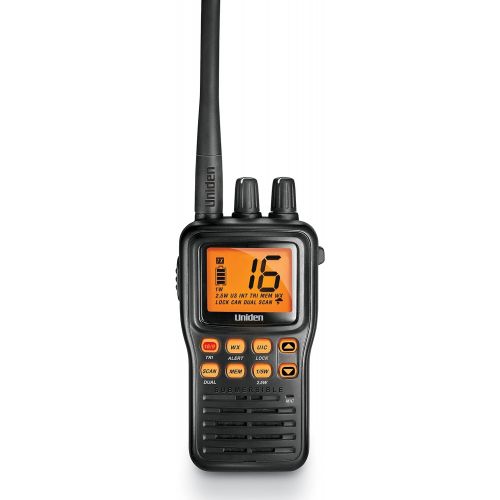  [아마존베스트]Uniden MHS75 Waterproof Handheld 2-Way VHF Marine radio, Submersible, Selectable 1/2.5/5 Watt Transmit Power. All USA/International and Canadian Marine Channels - Color Black