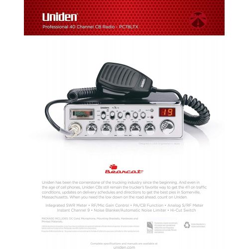  [아마존베스트]Uniden PC78LTX 40-Channel Truckers CB Radio with Integrated SWR Meter, PA Function, Hi Cut, Mic/RF Gain, and Instant Channel 9,Silver