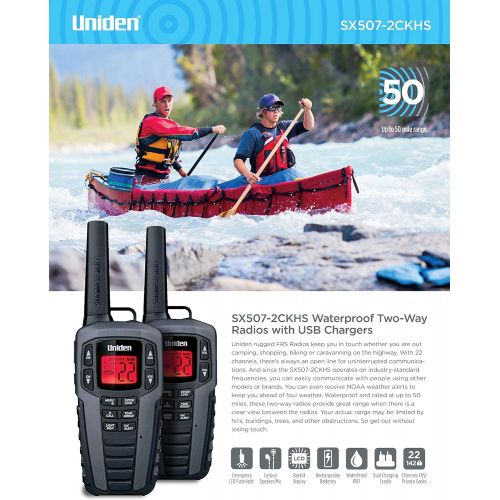  [아마존베스트]Uniden SX507-2CKHS Up to 50 Mile Range FRS Two-Way Radio Walkie Talkies W/Dual Charging Cradle, Waterproof, Floats, 22 Channels, 142 Privacy Codes, NOAA Weather Scan + Alert, Inclu