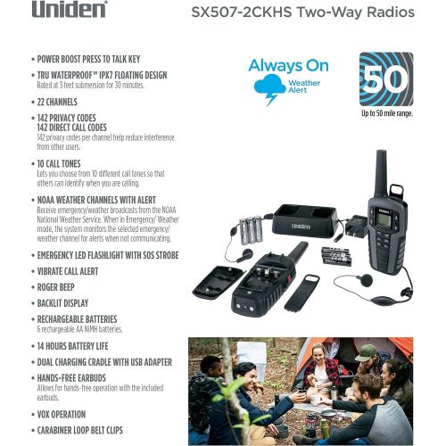  [아마존베스트]Uniden SX507-2CKHS Up to 50 Mile Range FRS Two-Way Radio Walkie Talkies W/Dual Charging Cradle, Waterproof, Floats, 22 Channels, 142 Privacy Codes, NOAA Weather Scan + Alert, Inclu