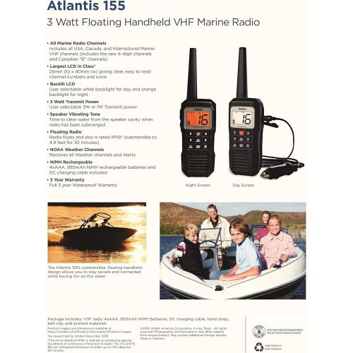  Uniden Atlantis 155 Handheld Two-Way VHF Marine Radio, Floating IPX7 Submersible Waterproof, Dual-Color Screen, All USA/International/Canadian Marine Channels, NOAA Weather Alert,