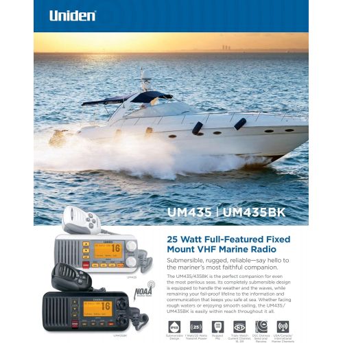  Uniden UM435BK Advanced Fixed Mount VHF Marine Radio, All USA/International/Canadian Marine Channels including new 4-Digit, CDN “B” Channels, 1 Watt/25 Watt Power, Waterproof IPX8