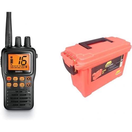  Uniden MHS75 Waterproof Handheld 2-Way VHF Marine Radio, Black & Plano 1312 Dry Storage Emergency Marine Box, Orange