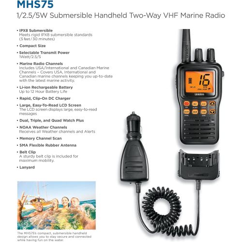  [아마존베스트]Uniden MHS75 Waterproof Handheld 2-Way VHF Marine radio, Submersible, Selectable 1/2.5/5 Watt Transmit Power. All USA/International and Canadian Marine Channels - Color Black