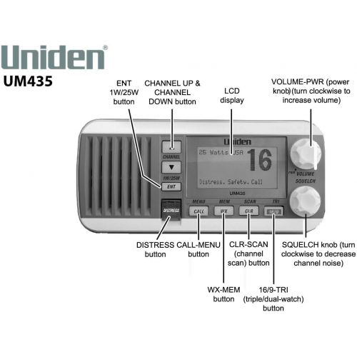  [아마존베스트]Uniden UM435 Advanced Fixed Mount VHF Marine Radio, All USA/International/Canadian Marine Channels Including New 4-Digit, CDN “B” Channels, 1 Watt/25 Watt Power, Waterproof IPX8 Su